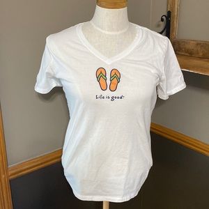 Life is good flip flops white v neck short sleeve crew neck tee shirt size small